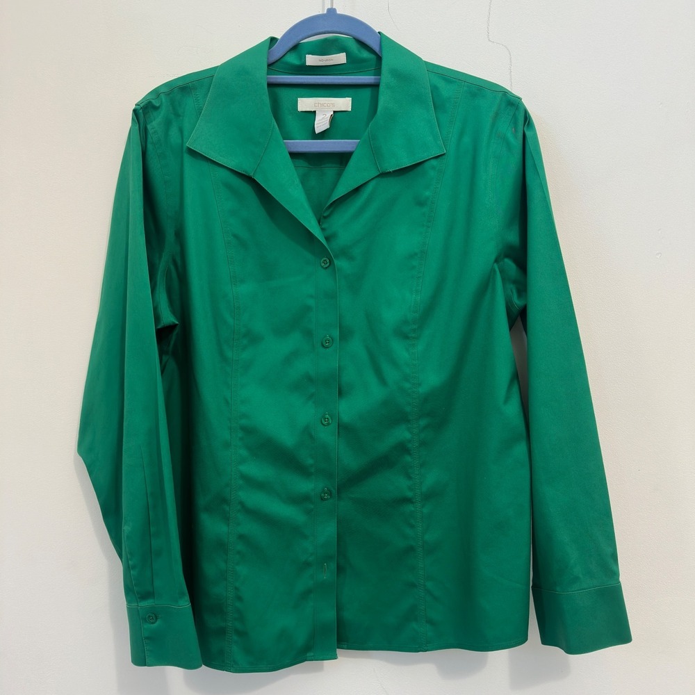 Chico's Size 2 L 12 Green No-Iron 100% Cotton Button Front Shirt Long Sleeve
